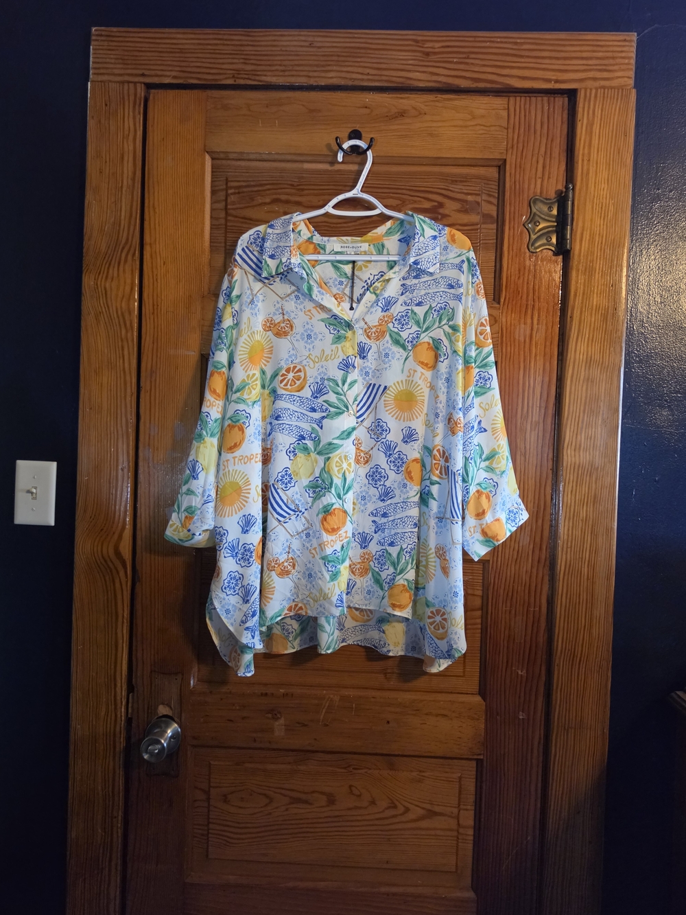 Rose & Olive Citrus & Floral White 3/4 Sleeve Flowy Button Down Shirt Size 3X